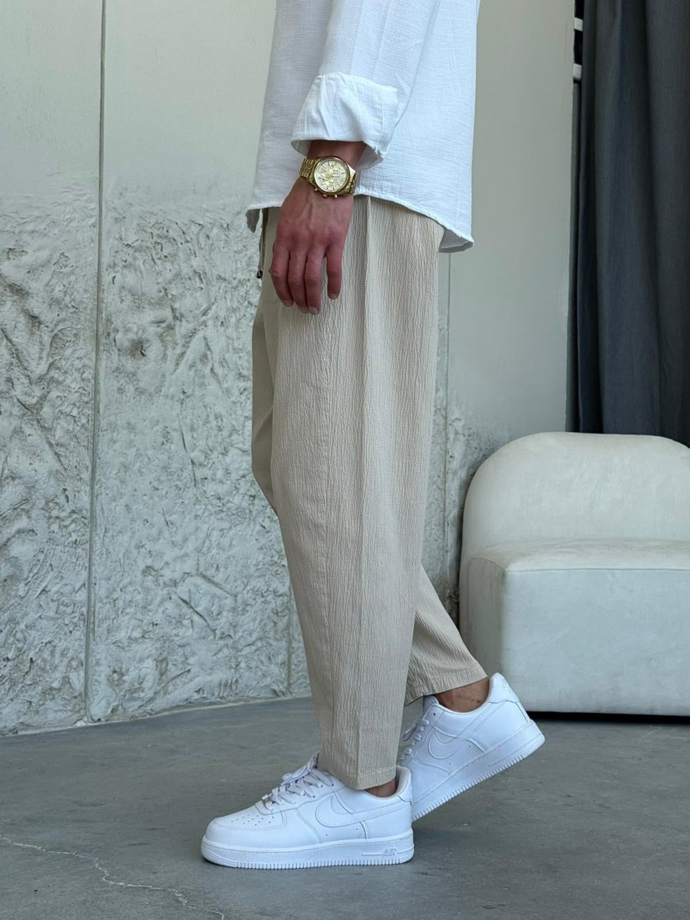 Boyfrıend Kalıp İpli  Krem Jogger Pantolon
