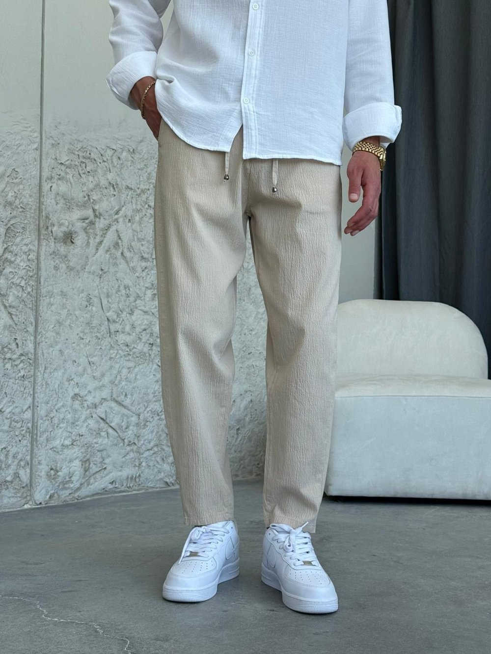 Boyfrıend Kalıp İpli  Krem Jogger Pantolon