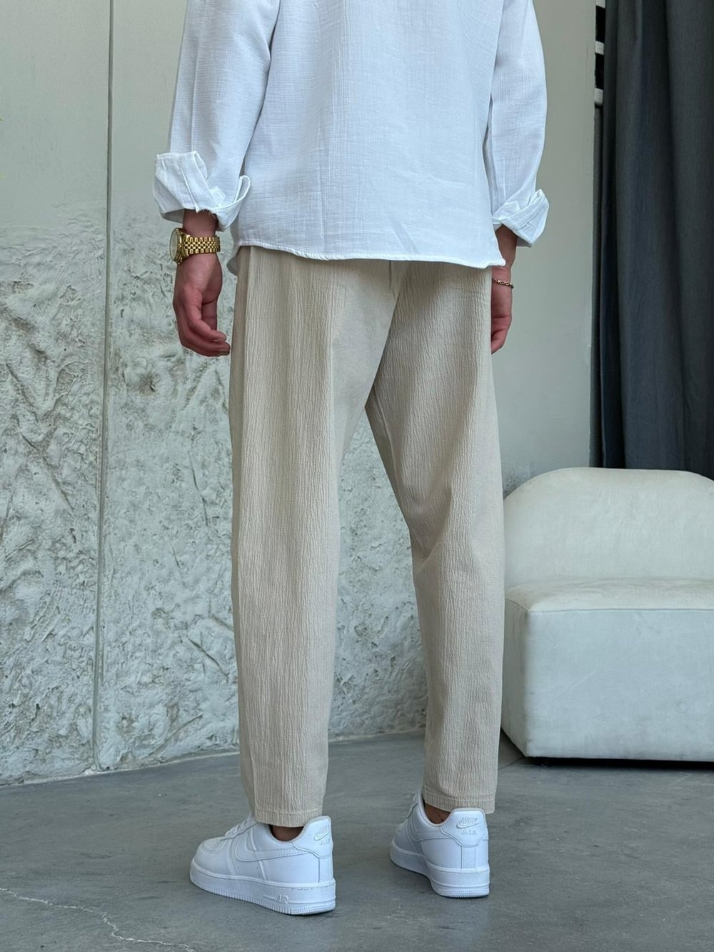 Boyfrıend Kalıp İpli  Krem Jogger Pantolon