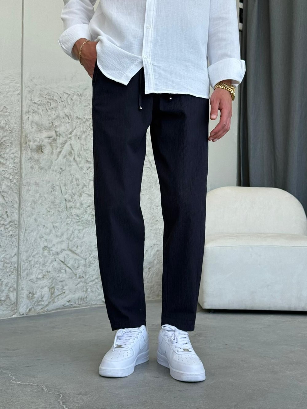 Boyfrıend Kalıp İpli Lacivert Jogger Pantolon