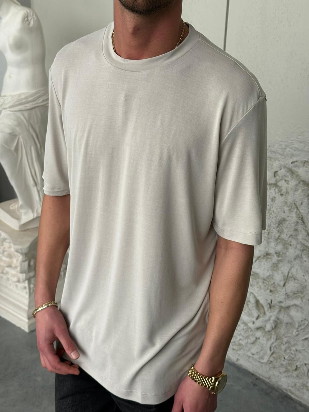 Fırçalı Kumaş Yıkamalı Basıc Krem Tişört 