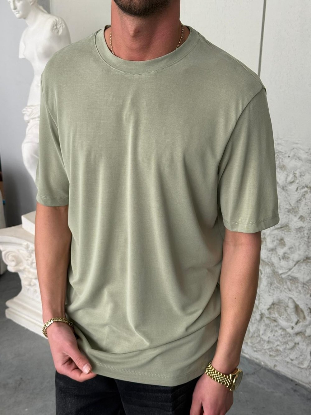Fırçalı Kumaş Yıkamalı Basıc Yeşil Tişört