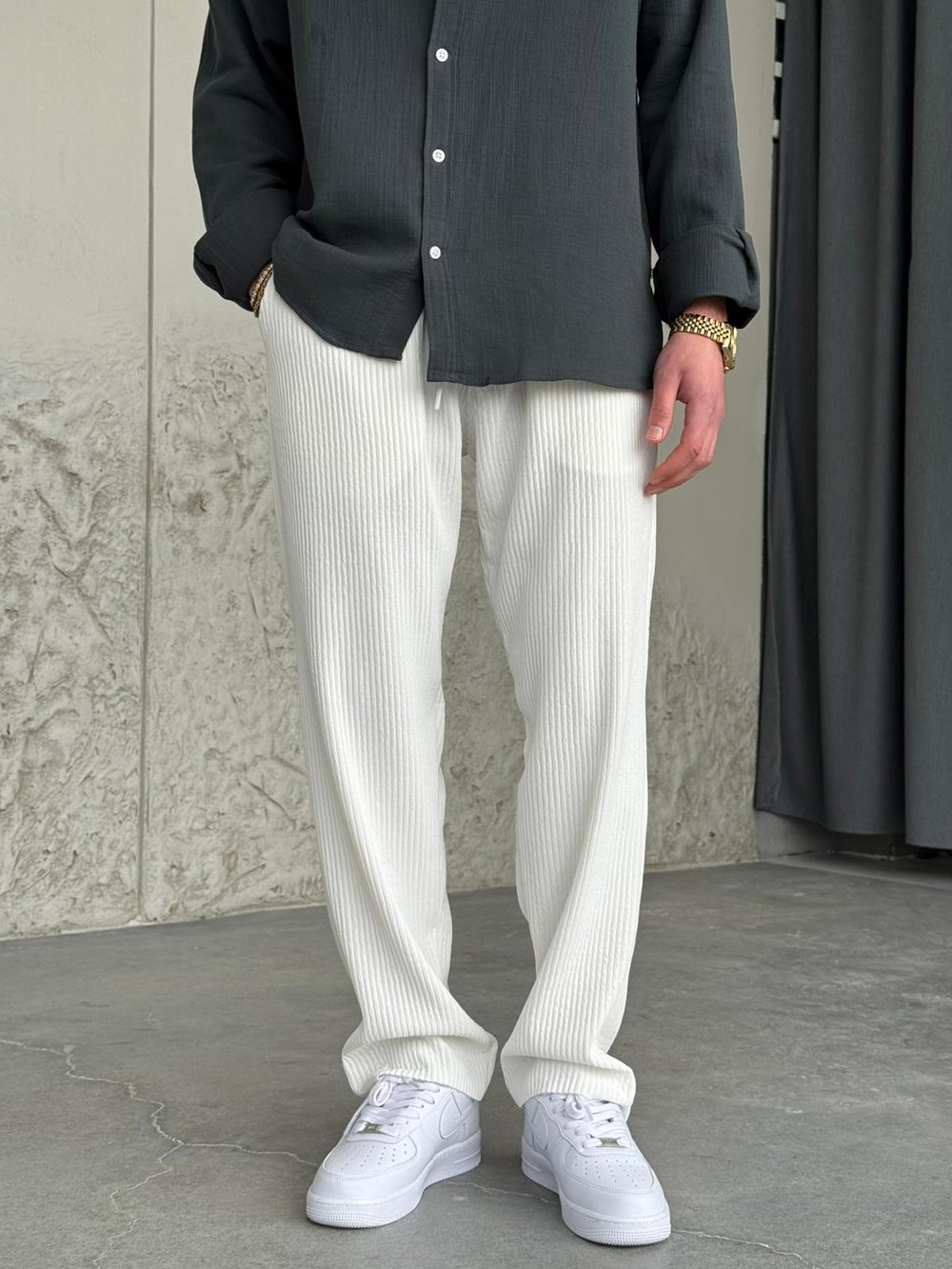 Fitilli Regular Kalıp Beyaz Jogger Pantolon 