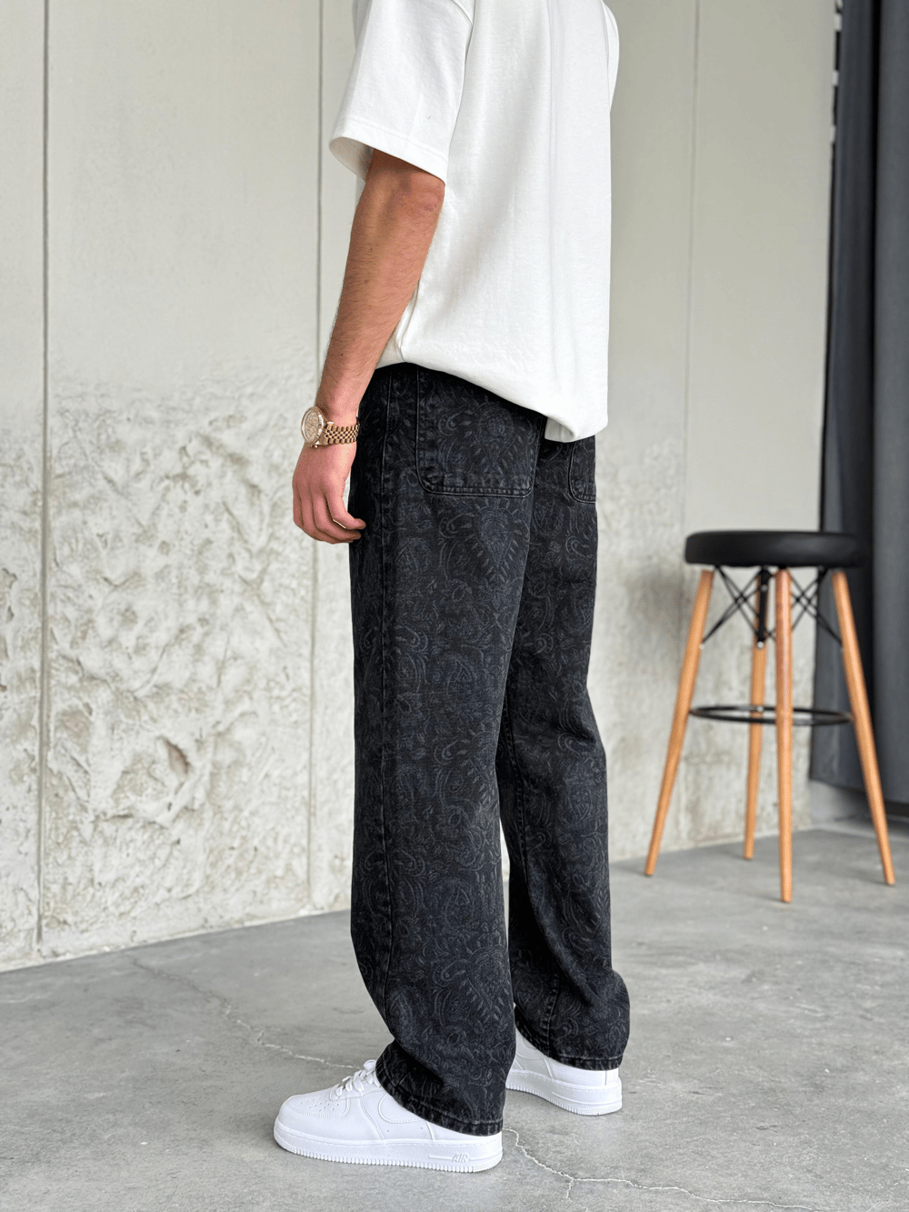 Füme Desenli Baggy Pantolon