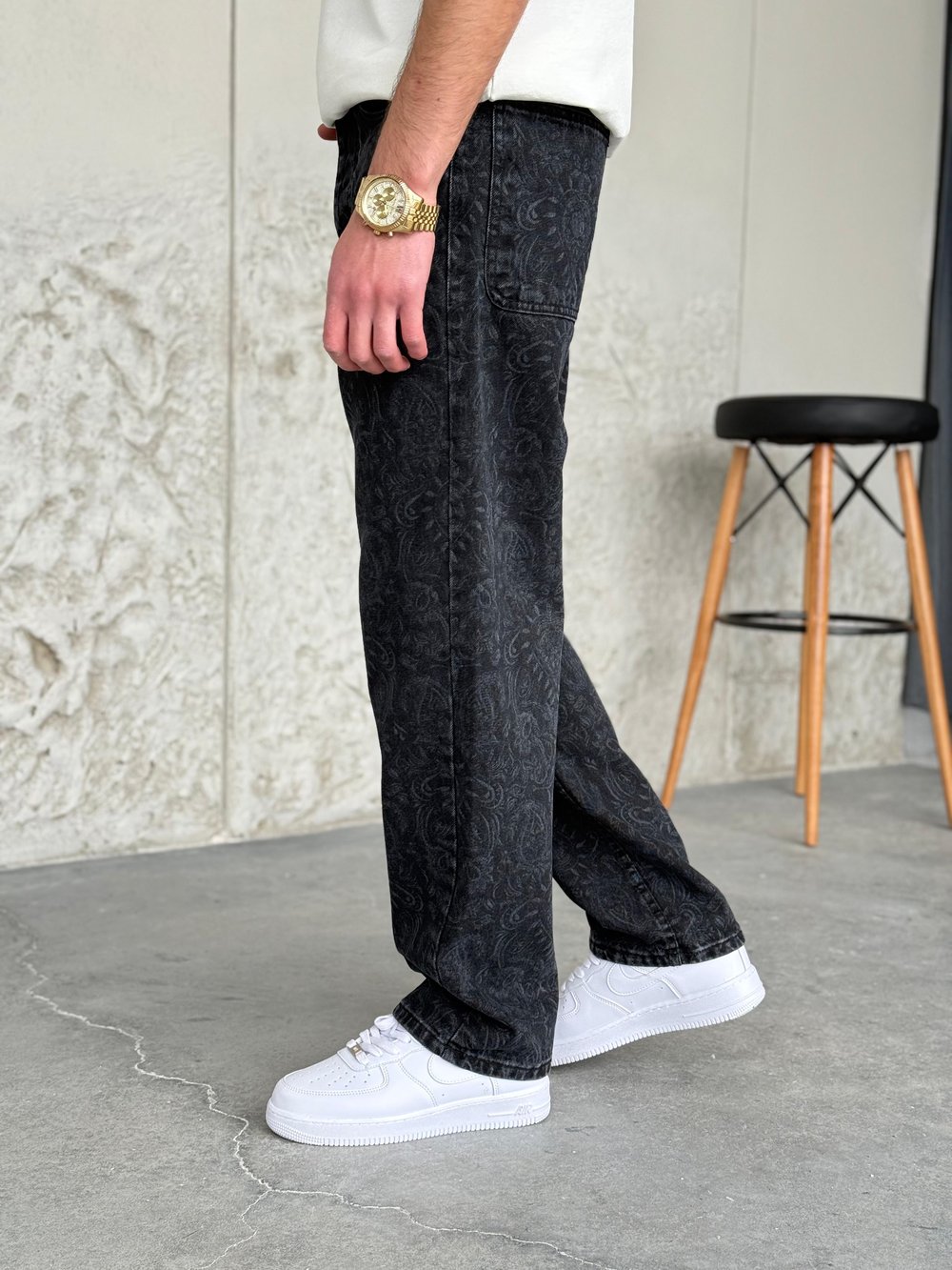 Füme Desenli Baggy Pantolon