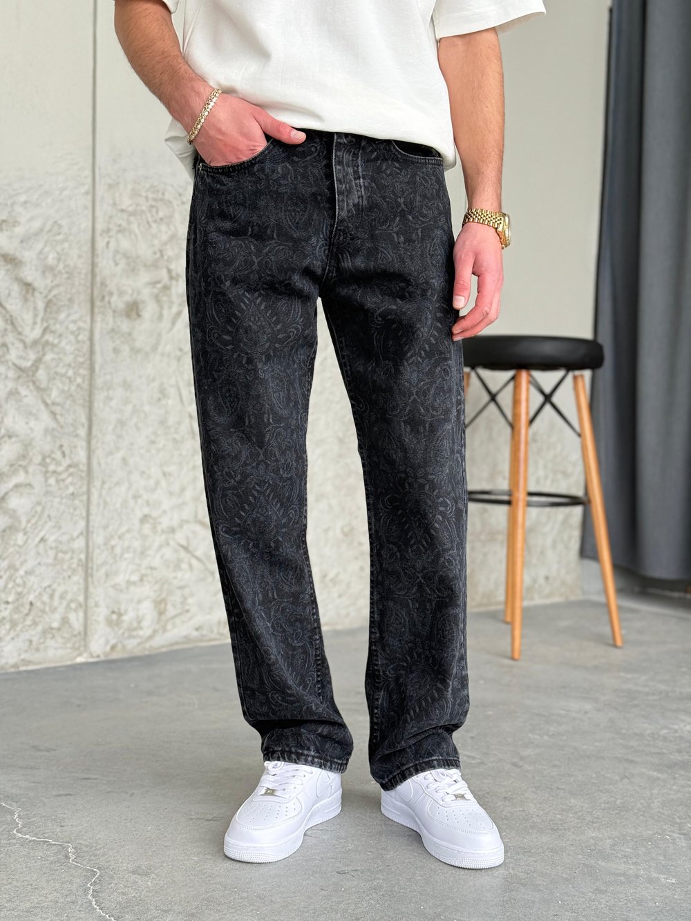 Füme Desenli Baggy Pantolon