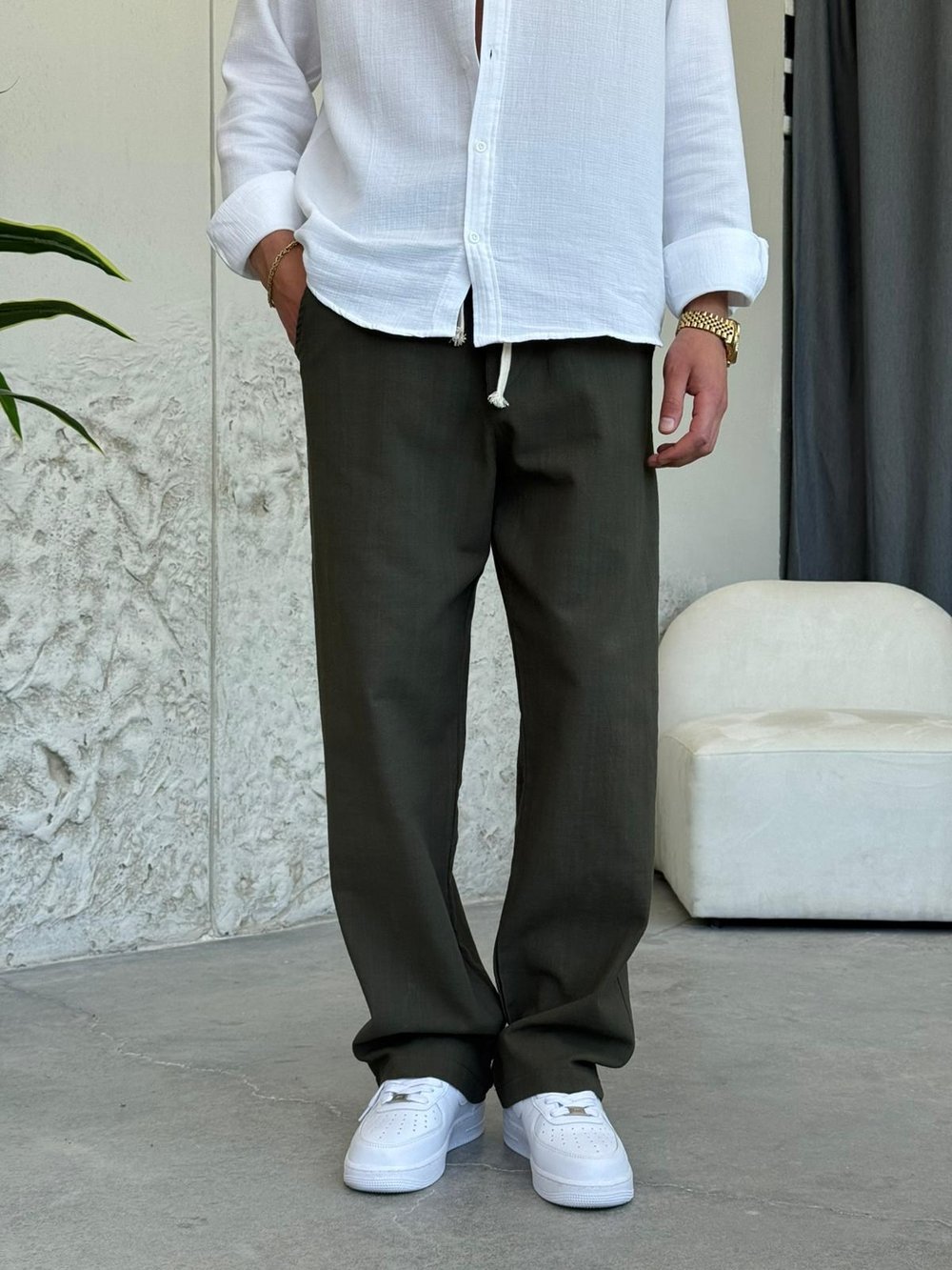 Gabardin Haki Yeşil Keten Pantolon