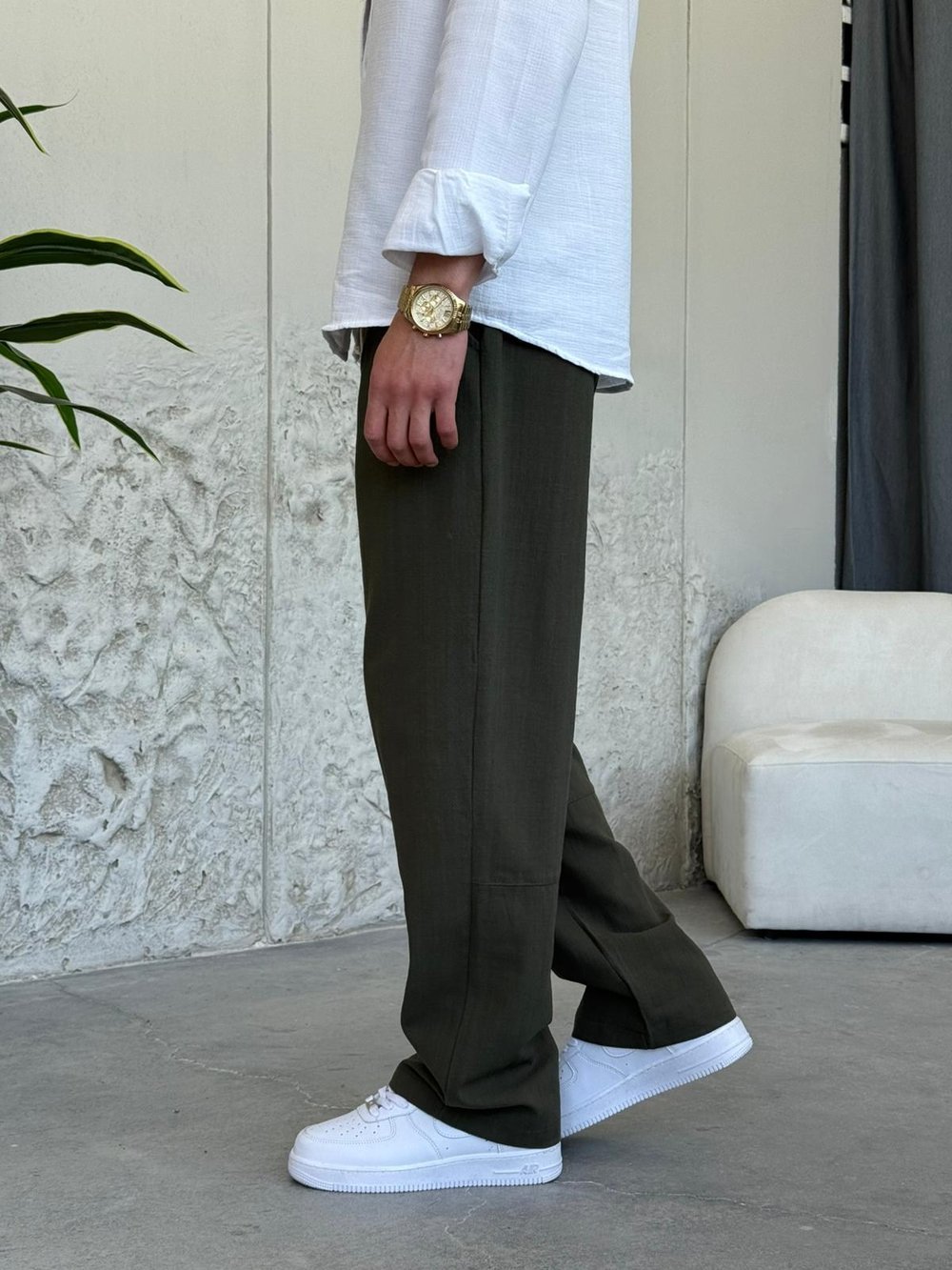 Gabardin Haki Yeşil Keten Pantolon
