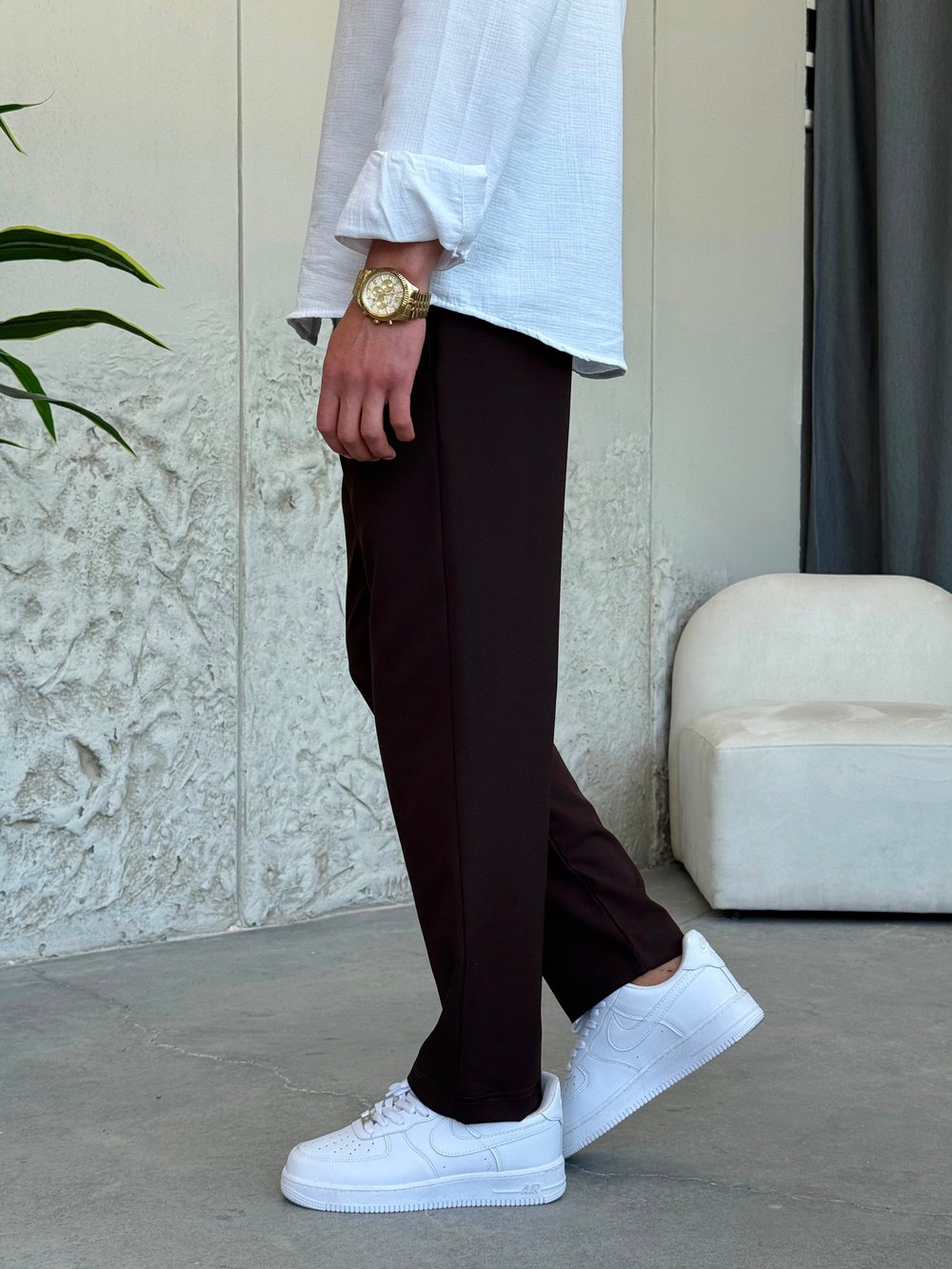 İpli Boyfriend Kahve Jogger Pantolon