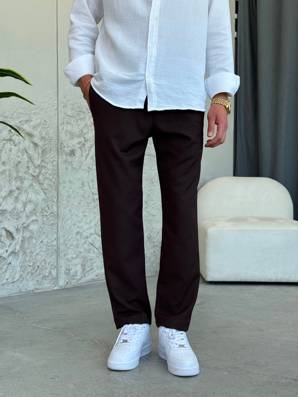İpli Boyfriend Kahve Jogger Pantolon