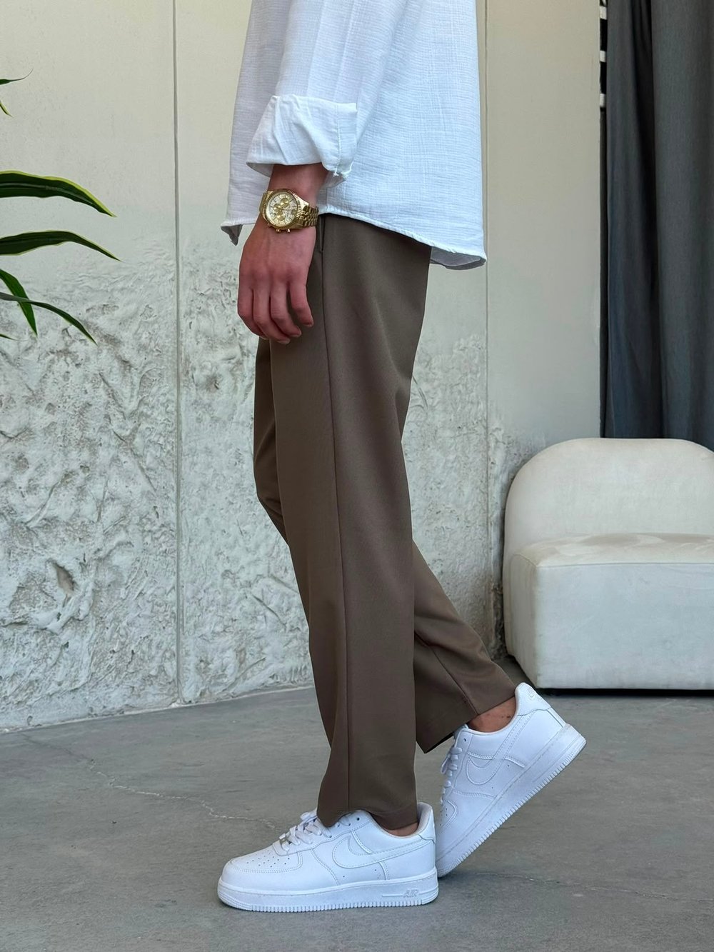 İpli Boyfriend Toprak Rengi Jogger Pantolon