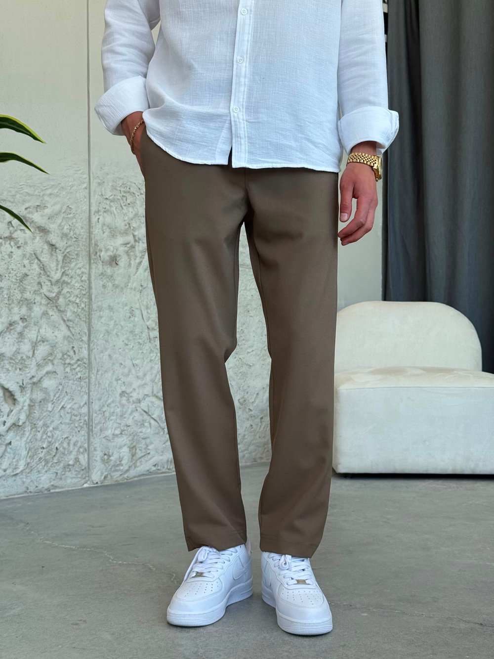 İpli Boyfriend Toprak Rengi Jogger Pantolon