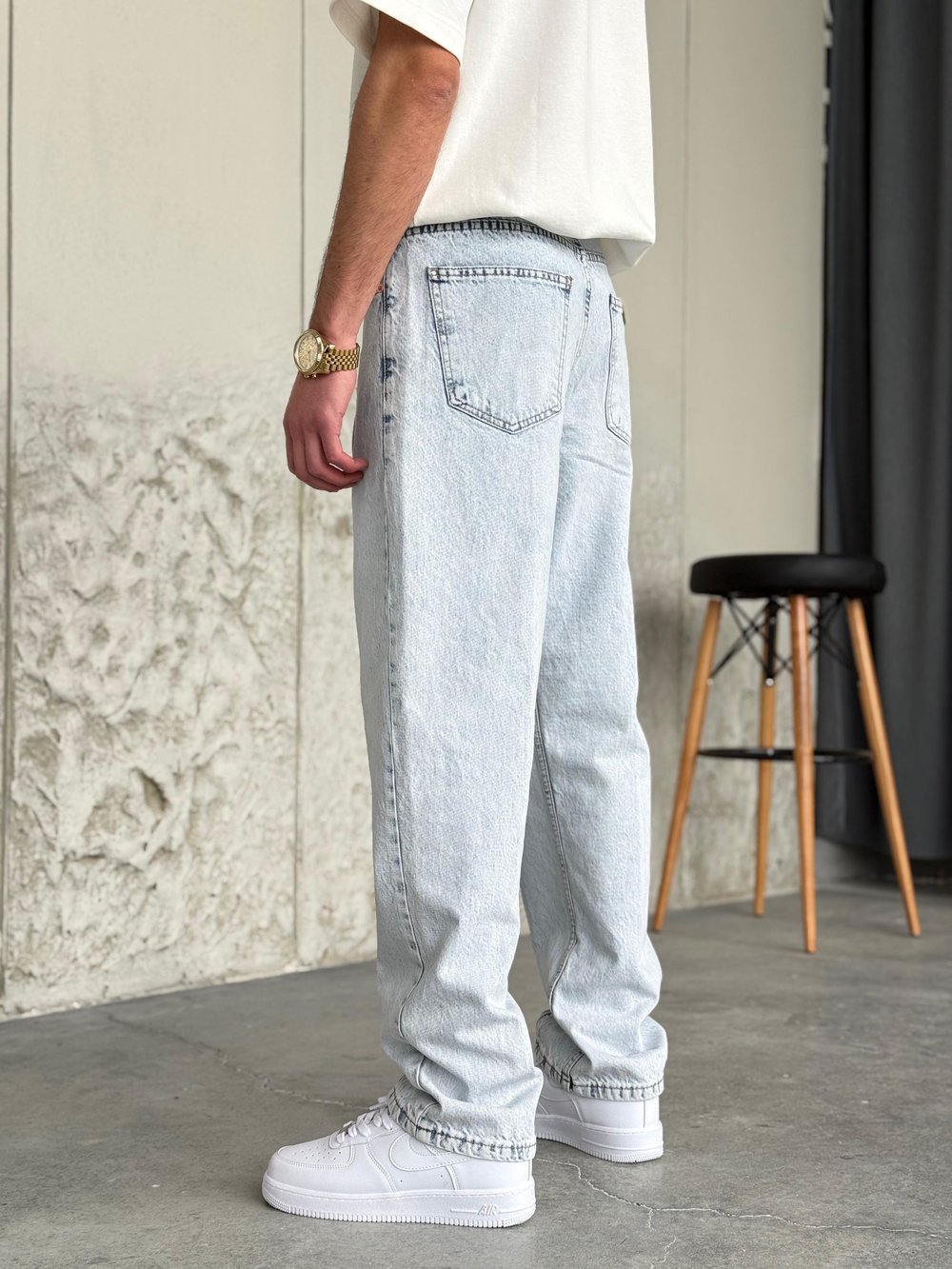 Kar Yıkama Şeritli Baggy Kot Pantolon