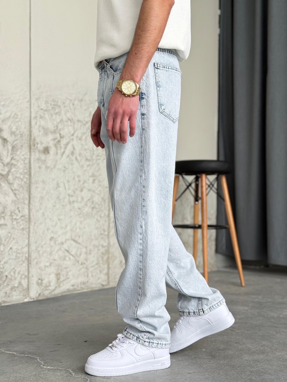 Kar Yıkama Şeritli Baggy Kot Pantolon
