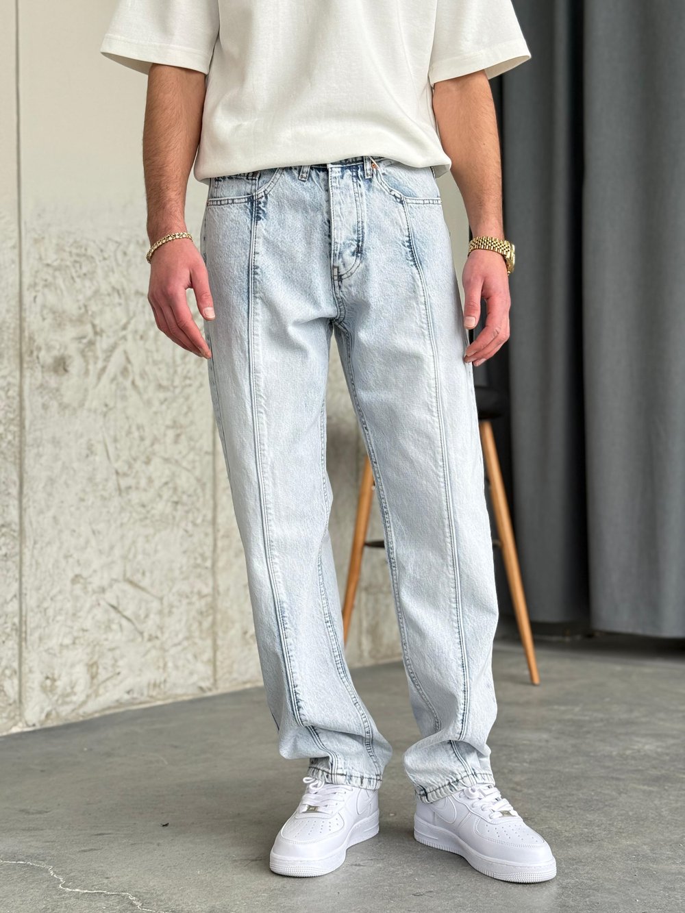 Kar Yıkama Şeritli Baggy Kot Pantolon