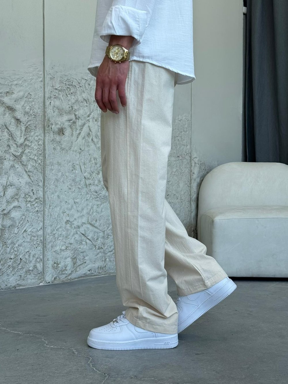 Keten Krem Baggy Pantolon 