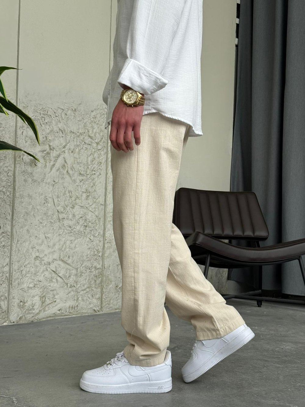 Krem Baggy Keten Pantolon