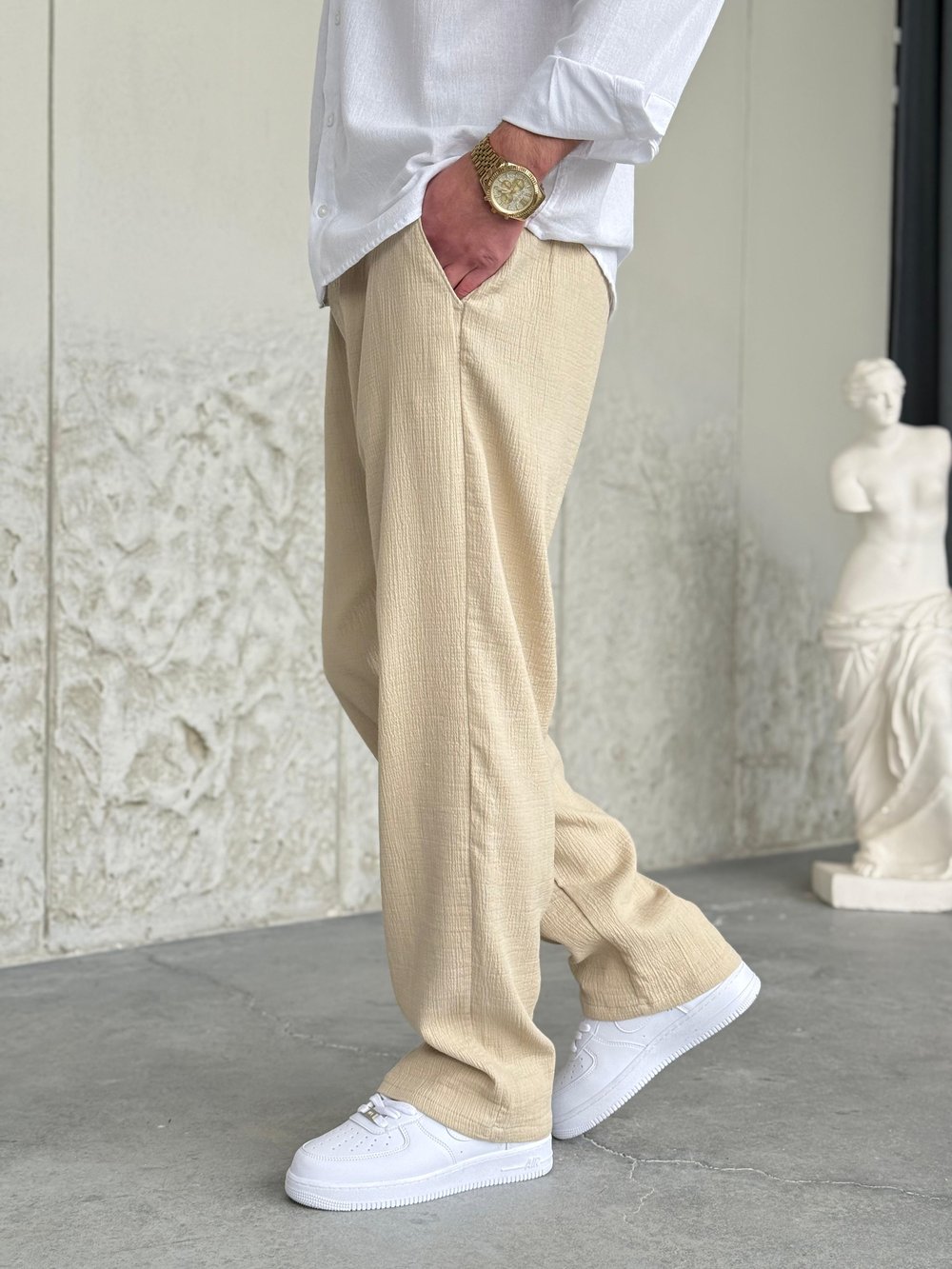 Krinkıl Kumaş Regular Kalıp Krem Pantolon