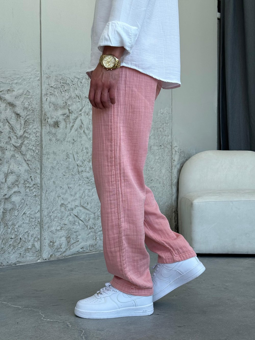 Müslin Kumaş Pembe Keten Pantolon