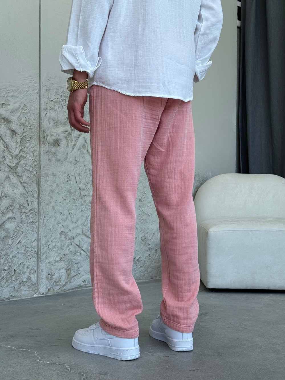 Müslin Kumaş Pembe Keten Pantolon