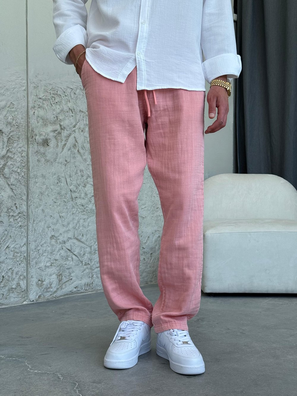 Müslin Kumaş Pembe Keten Pantolon