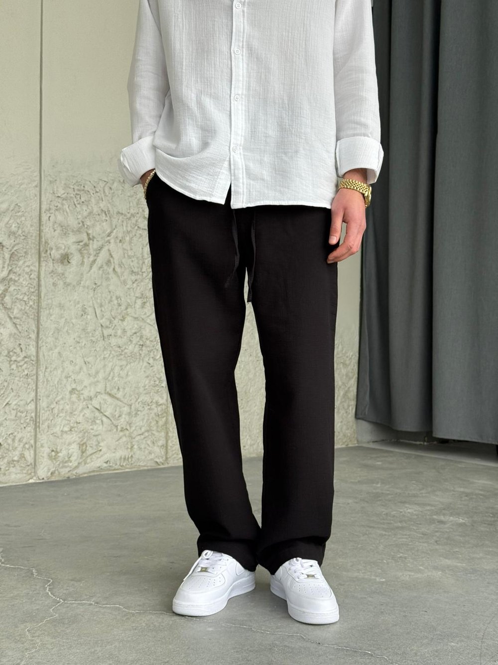 Müslin Kumaş Siyah Baggy Keten Pantolon