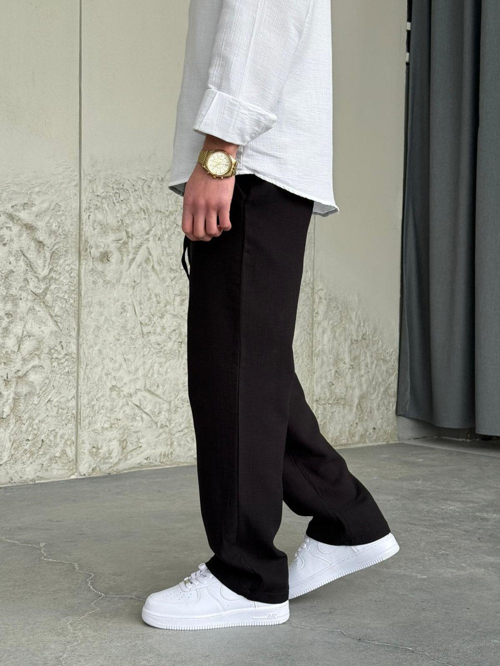 Müslin Kumaş Siyah Baggy Keten Pantolon