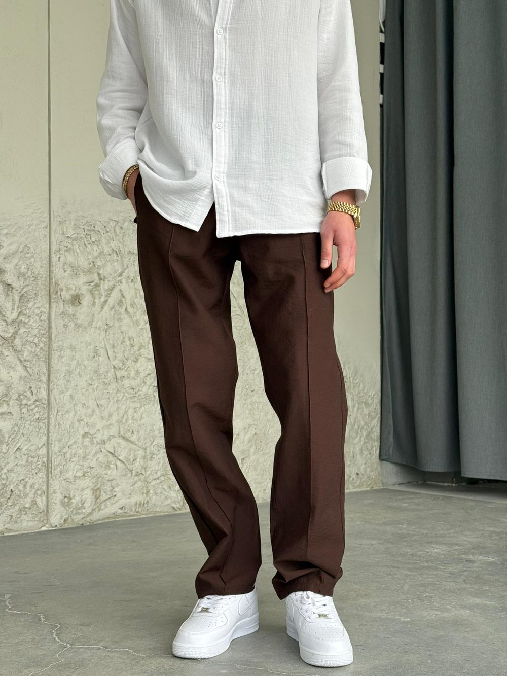 Paraşüt Kumaş Şeritli Kahve Jogger Pantolon