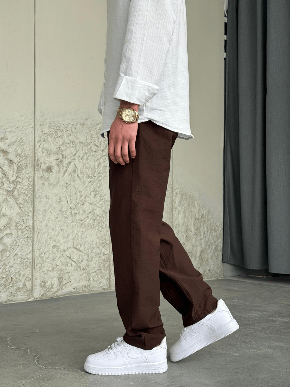 Paraşüt Kumaş Şeritli Kahve Jogger Pantolon