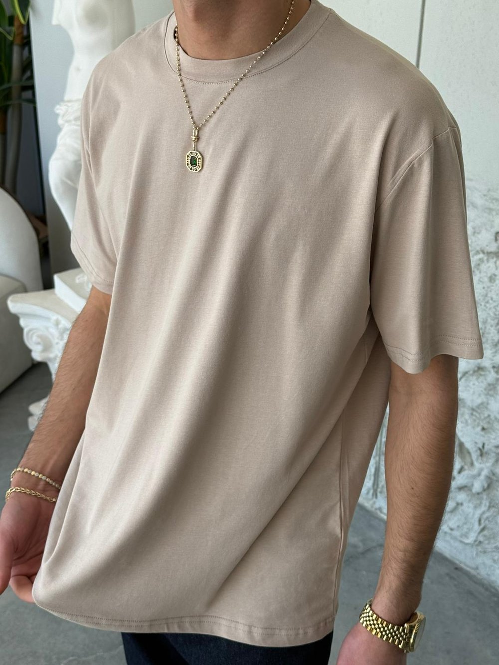 Regular Kalıp Likralı Düz Basıc Krem Tişört