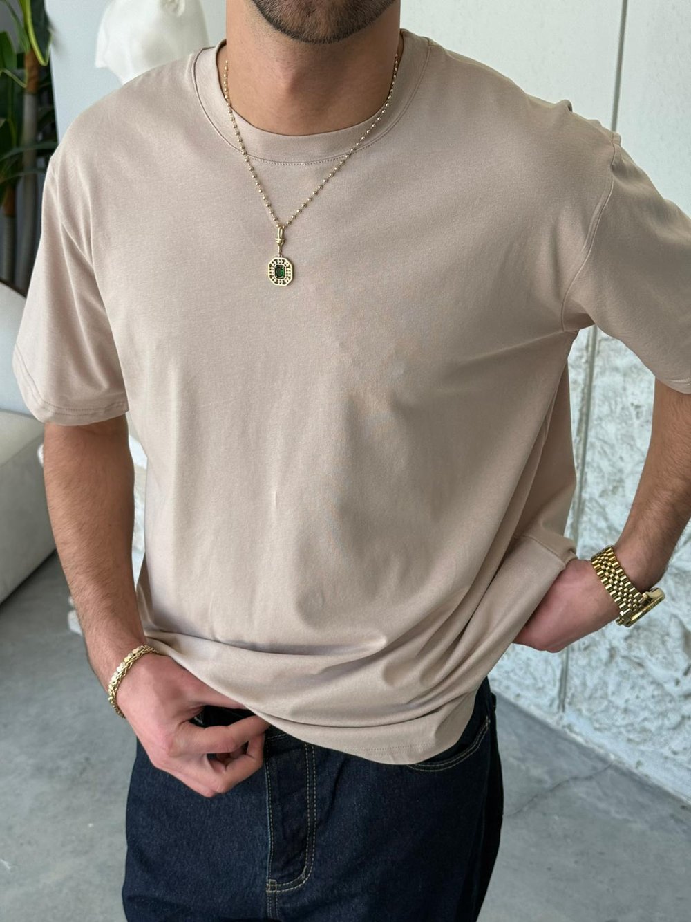 Regular Kalıp Likralı Düz Basıc Krem Tişört