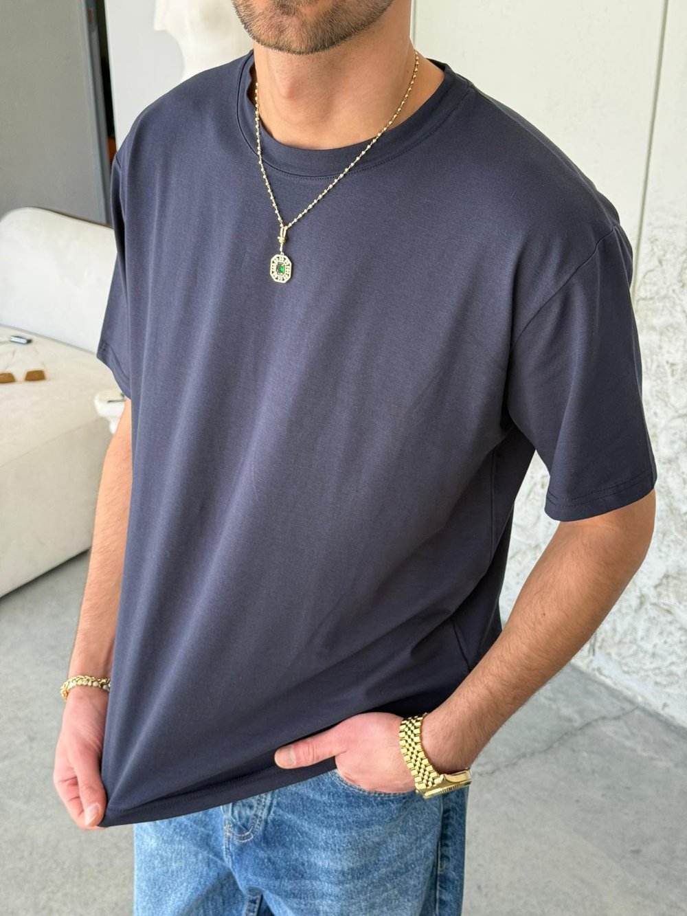 Regular Kalıp Likralı Düz Basıc Lacivert Tişört 
