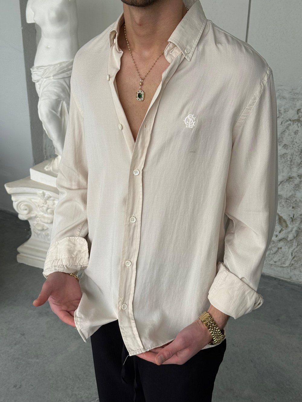 Tensel Kumaş Krem Oversıze Gömlek