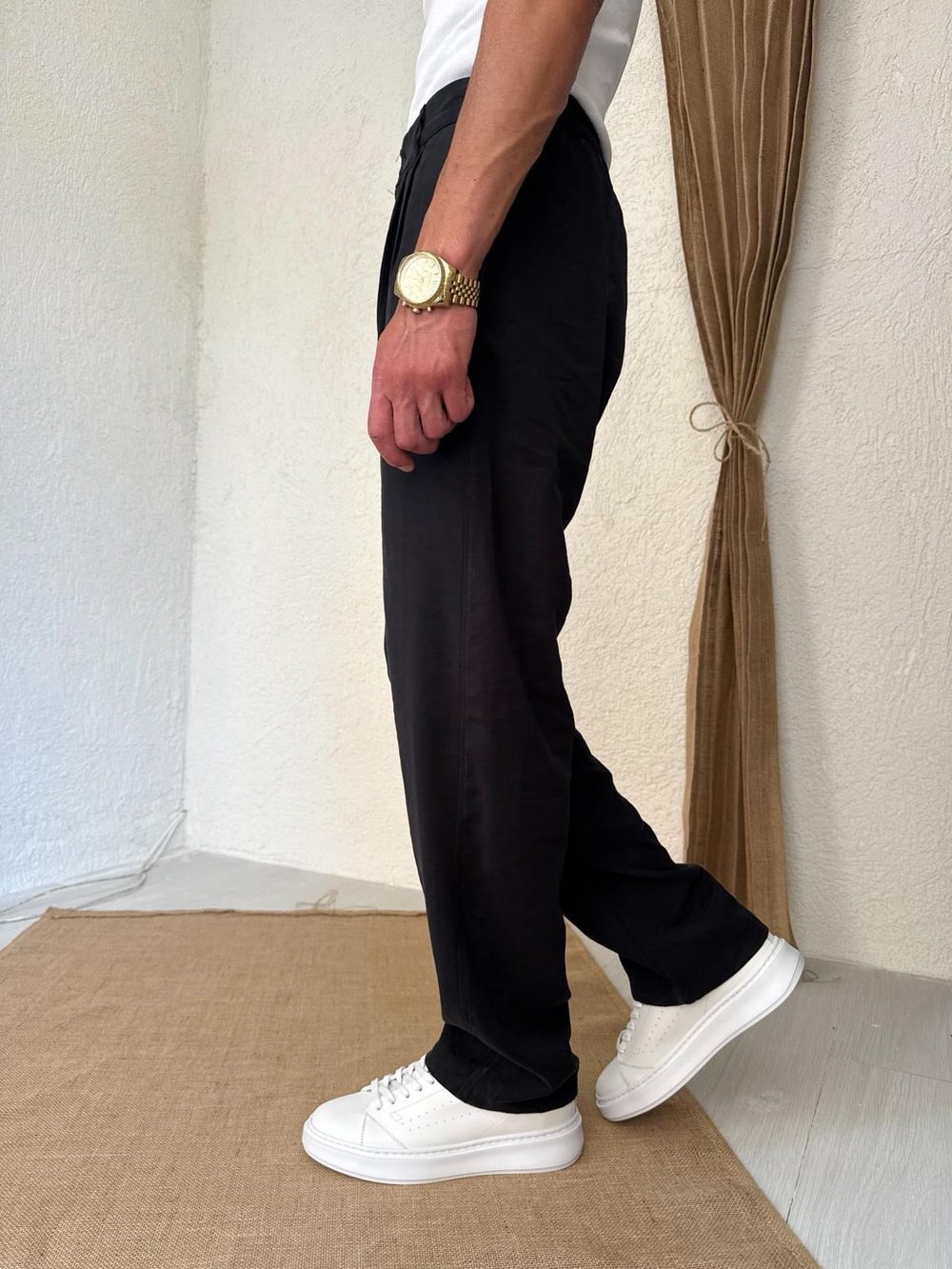 Tensel Kumaş Pileli Siyah  Baggy Pantolon 