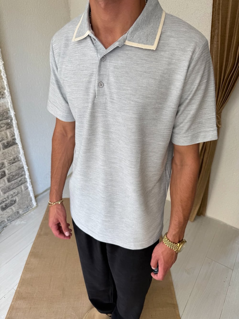 Yaka Detaylı Gri Polo Yaka Tişört 