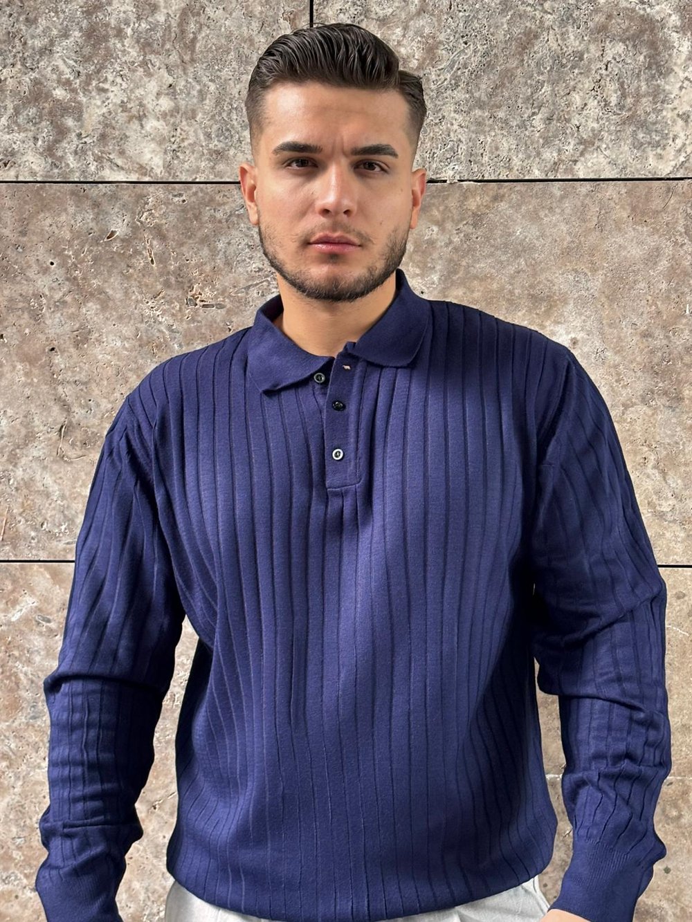 Navy Ribbed Laci Polo Knit