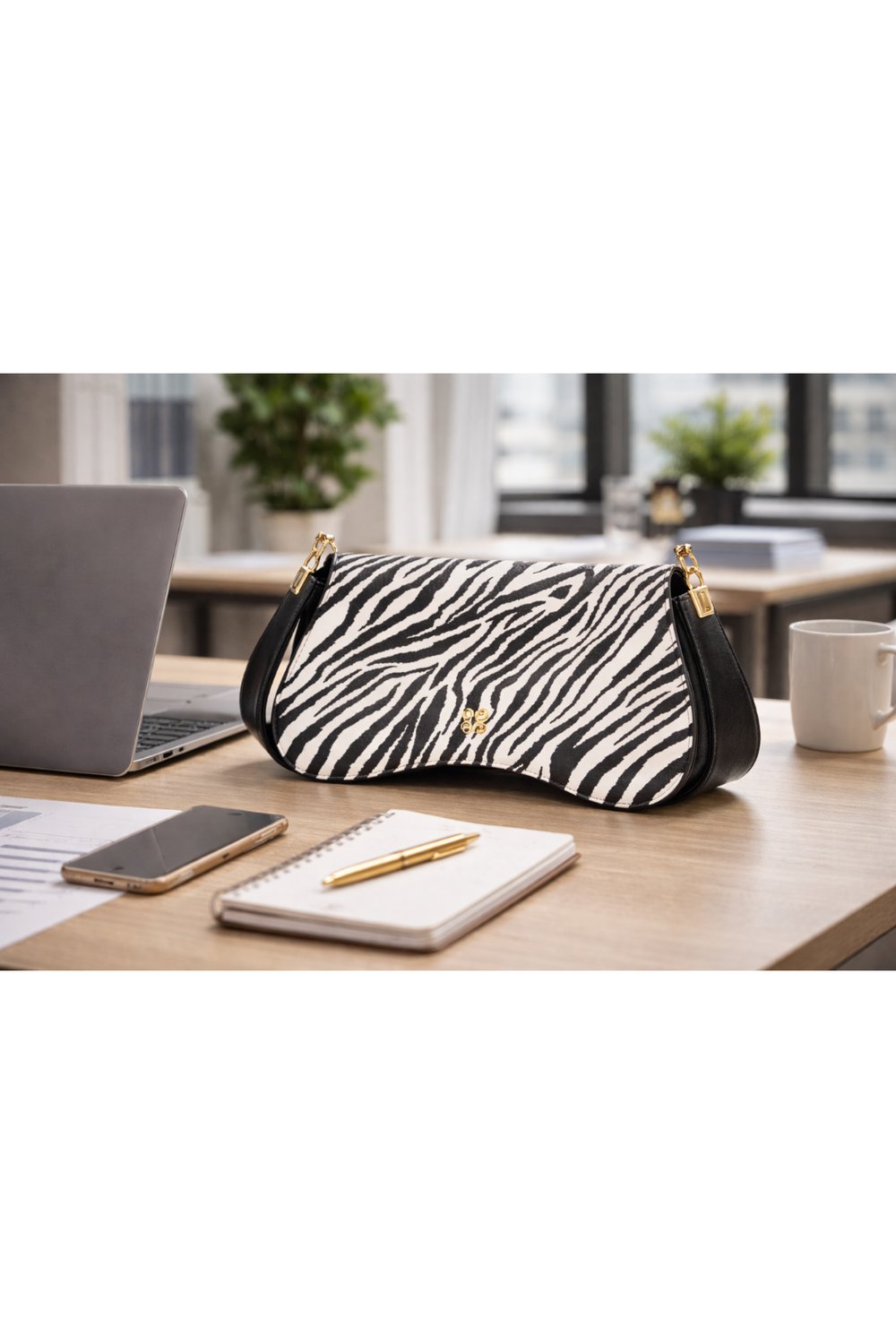 Beyaz Altın Tokalı Zebra Desenli Kadın Omuz Çantası | Beyaz MT1606 