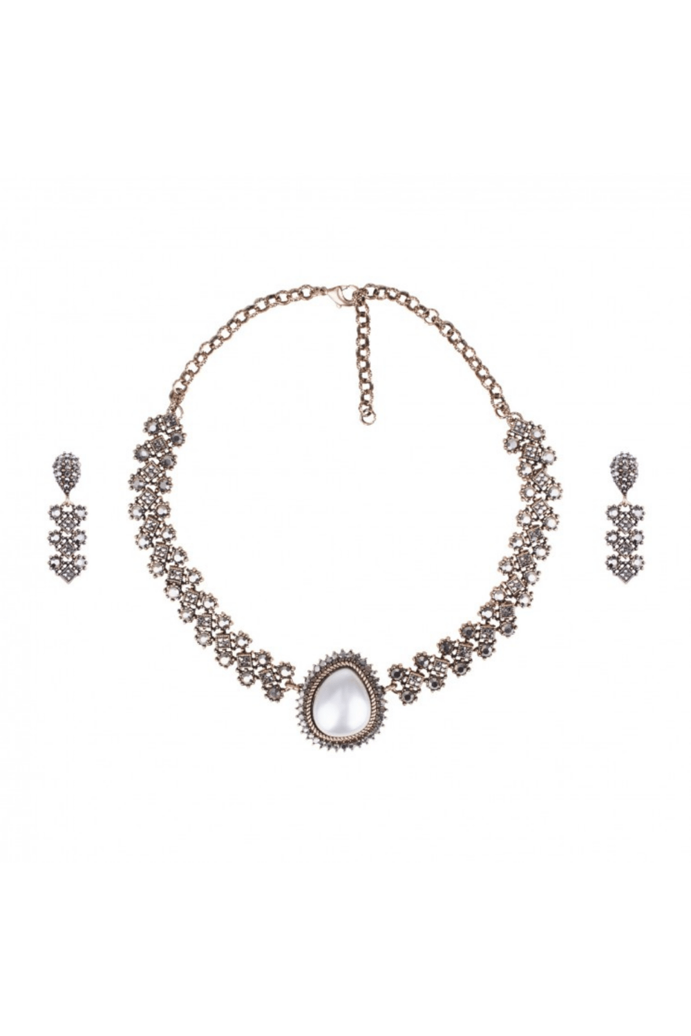 Damla İnci Detaylı Kristal Taşlı Vintage Kolye Küpe Seti | Altın JS12804