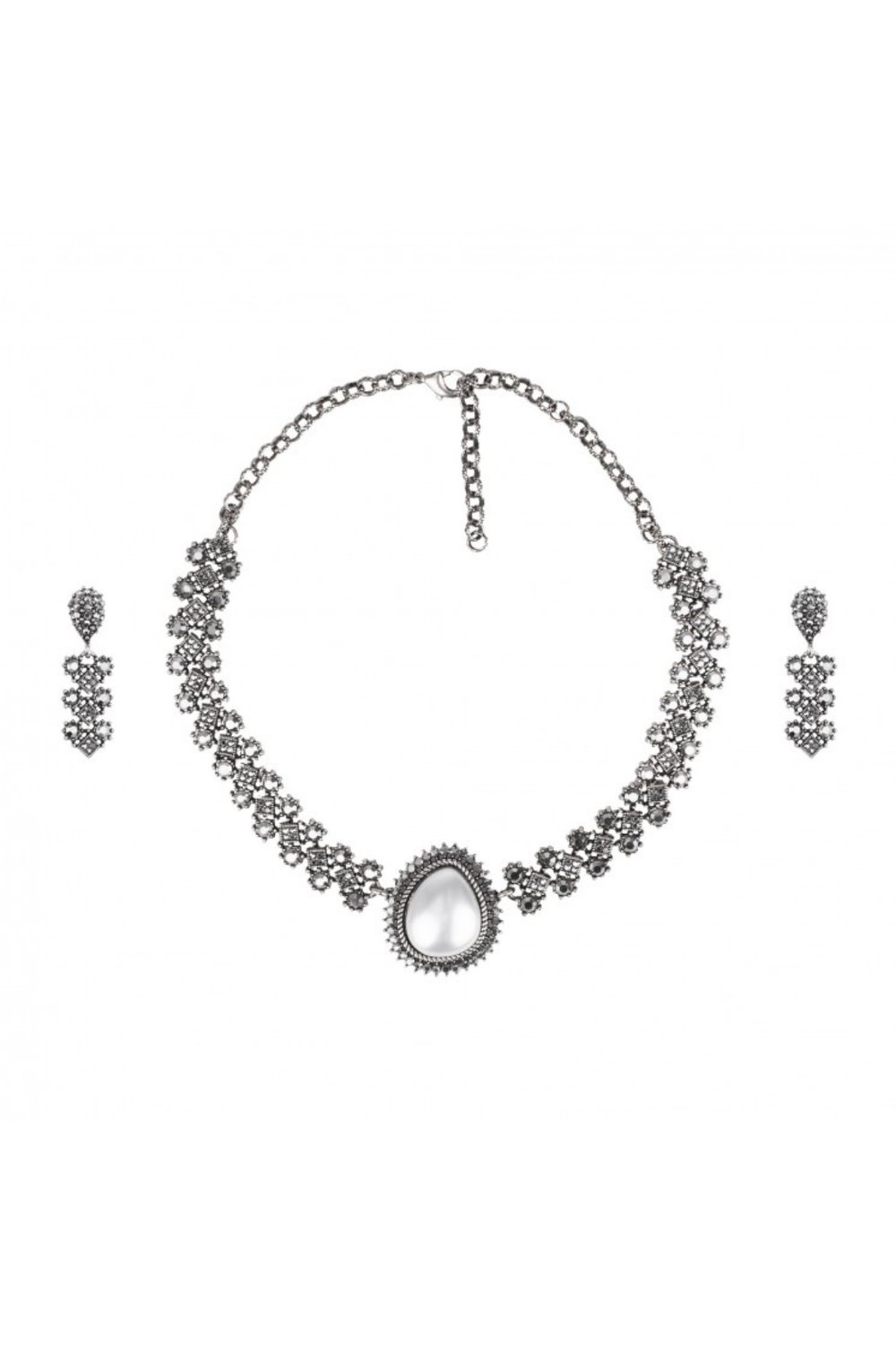Damla İnci Detaylı Kristal Taşlı Vintage Kolye Küpe Seti | Gümüş JS12804