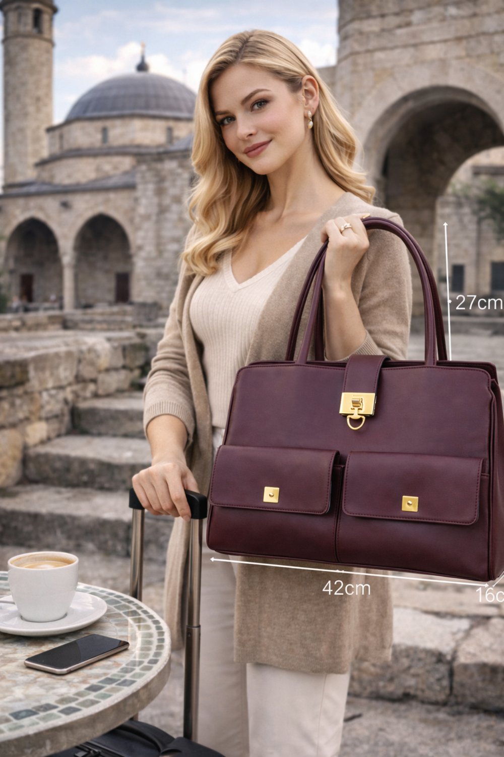 Şarap Klasik Form Gold Kilitli Omuz Çantası | Şarap T8318