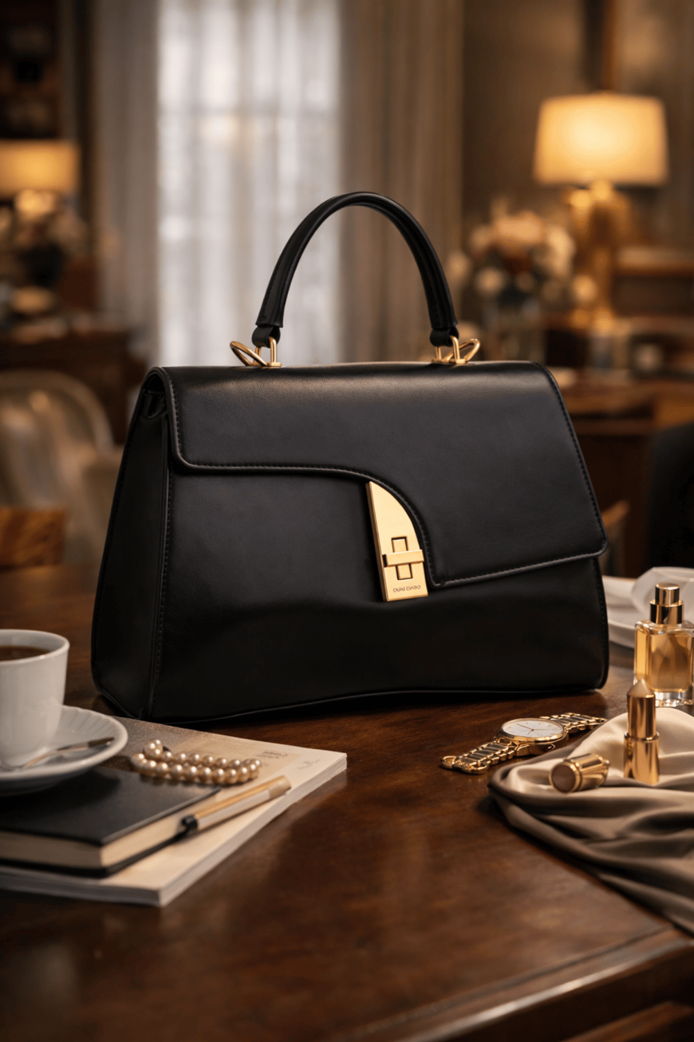 Siyah Modern Formlu Gold Detaylı Kadın El Çantası | Siyah T8304