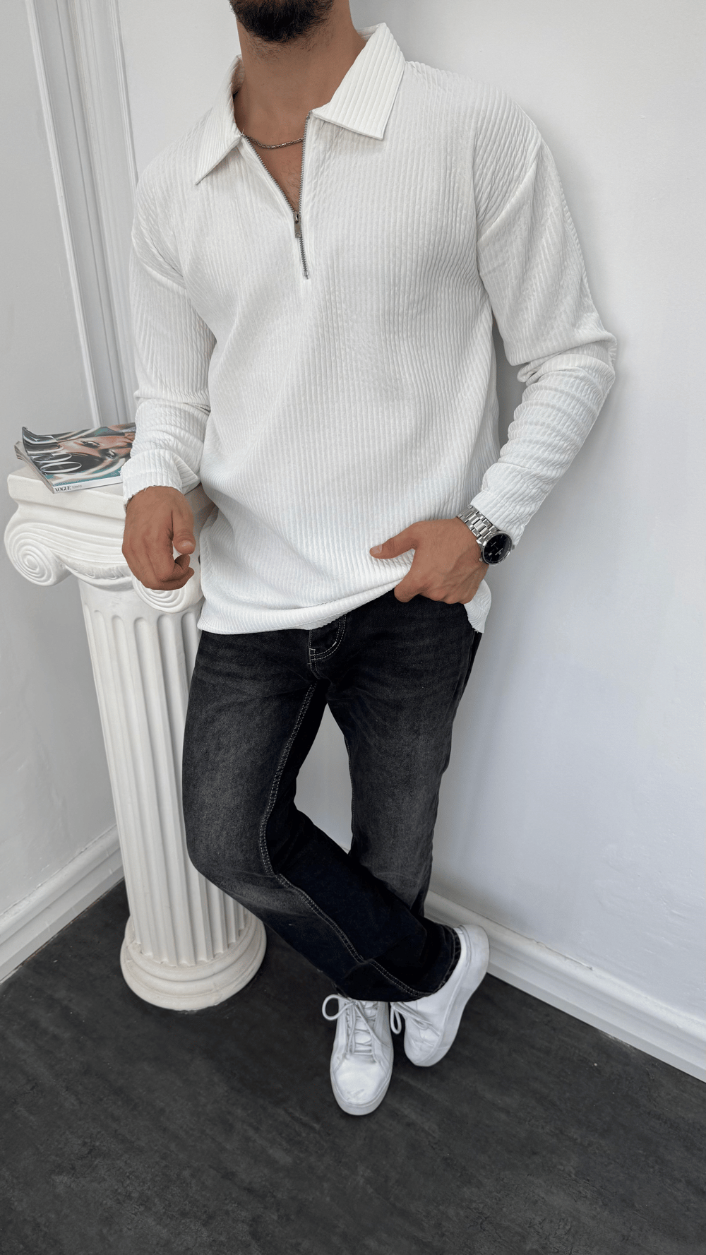 Fitilli Yarım Fermuarlı Sweatshirt Beyaz
