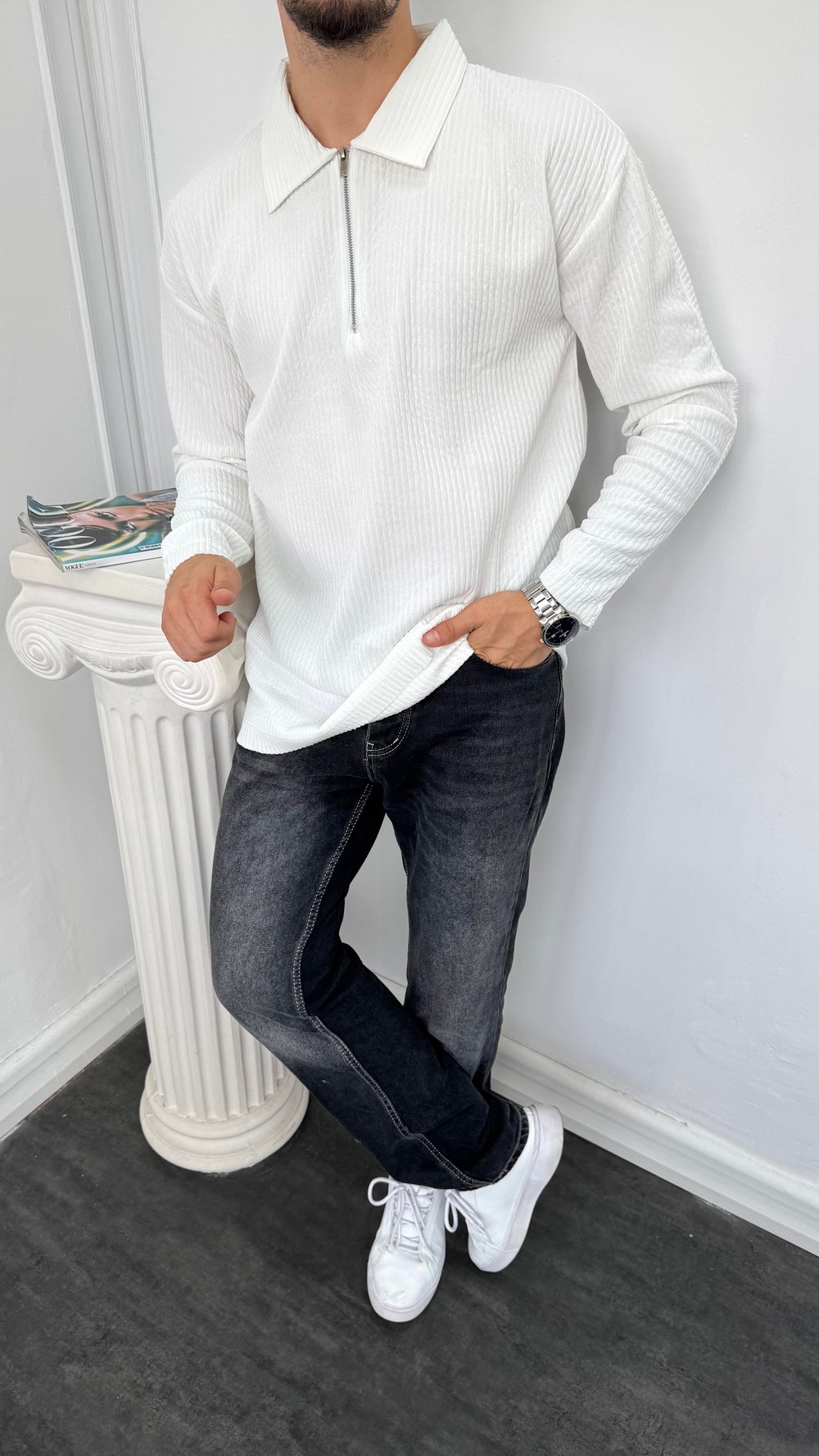Fitilli Yarım Fermuarlı Sweatshirt Beyaz