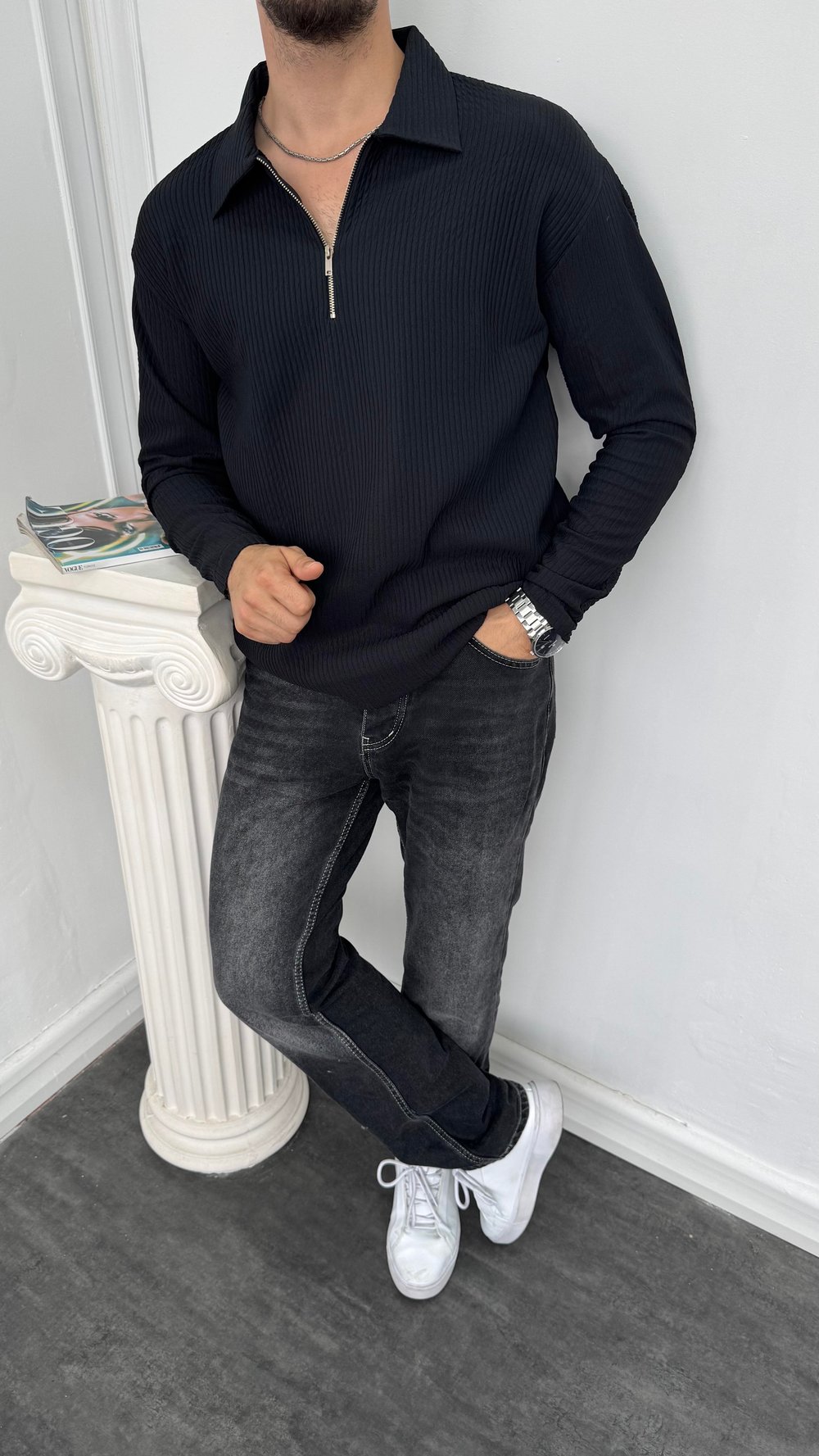 Fitilli Yarım Fermuarlı Sweatshirt Siyah