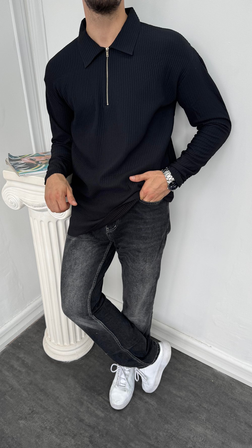 Fitilli Yarım Fermuarlı Sweatshirt Siyah