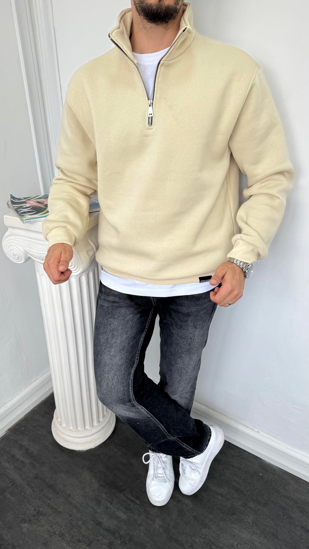 Yarım Fermuarlı Üç İplik Şardonlu Sweatshirt Krem