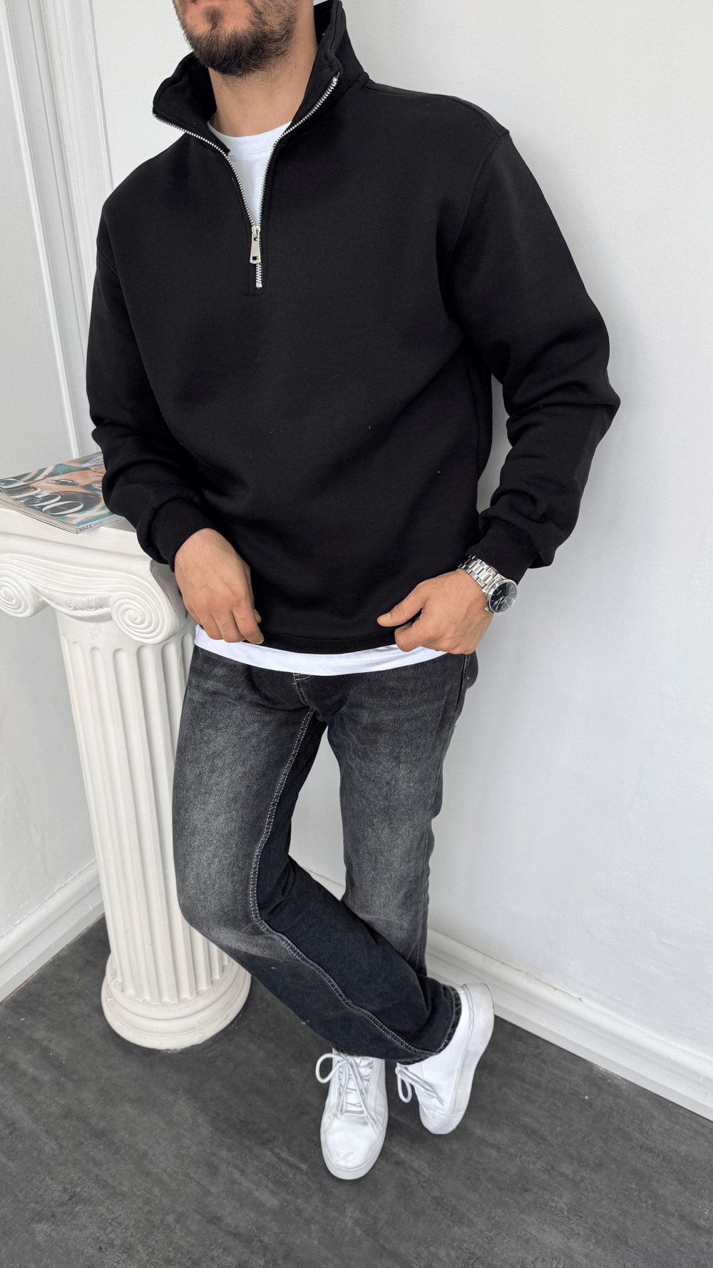 Yarım Fermuarlı Üç İplik Şardonlu Sweatshirt Siyah