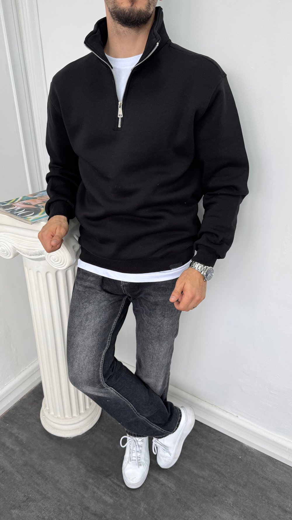 Yarım Fermuarlı Üç İplik Şardonlu Sweatshirt Siyah