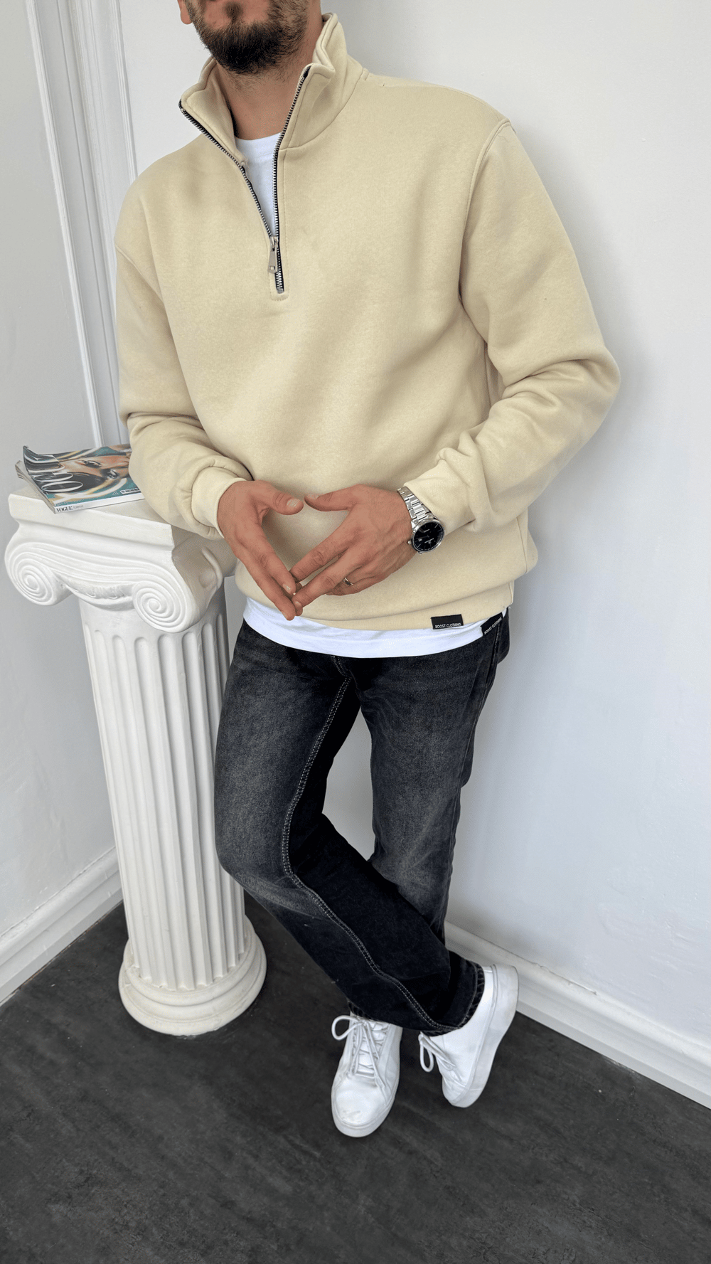 Yarım Fermuarlı Üç İplik Şardonlu Sweatshirt Krem