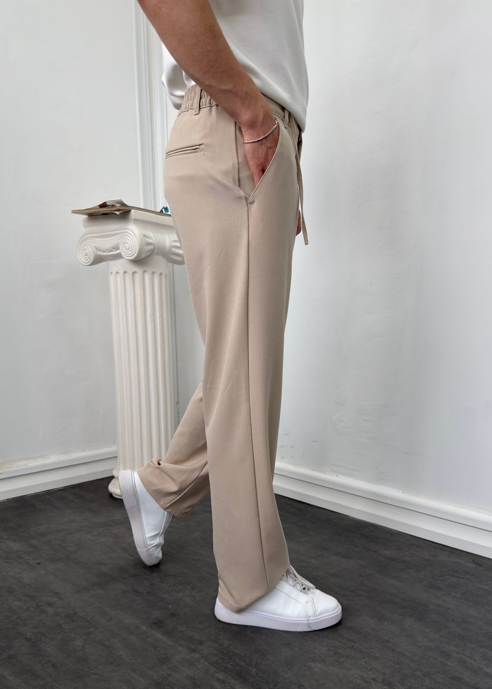 Beli İpli Kumaş Baggy Pantolon bej